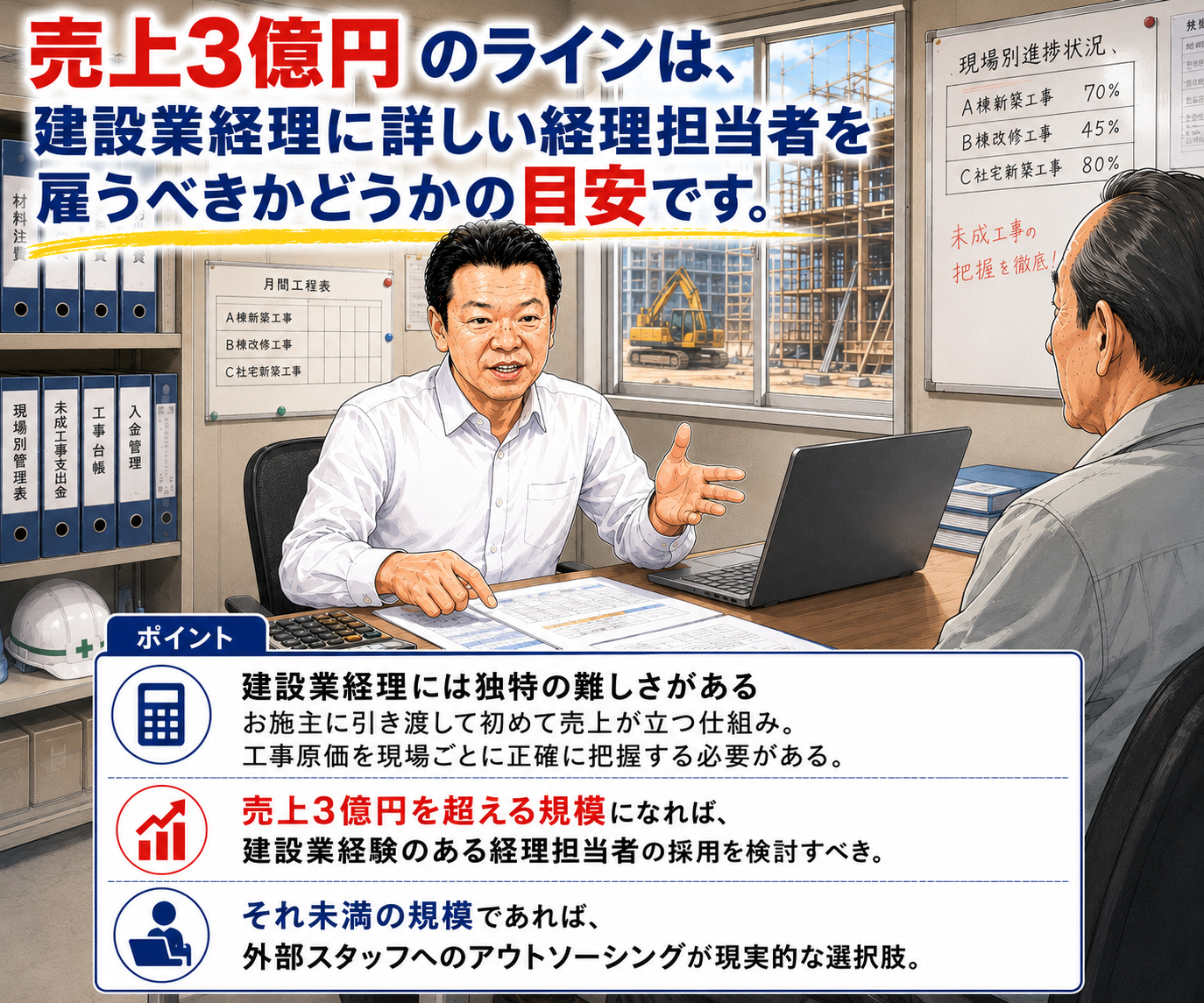 売上3億円が目安：建設業経理に詳しい担当者を雇うべきか、外部アウトソーシングが現実的かの判断ライン。建設業経理の独特な難しさ（現場別原価管理・完成工事基準）を図解。