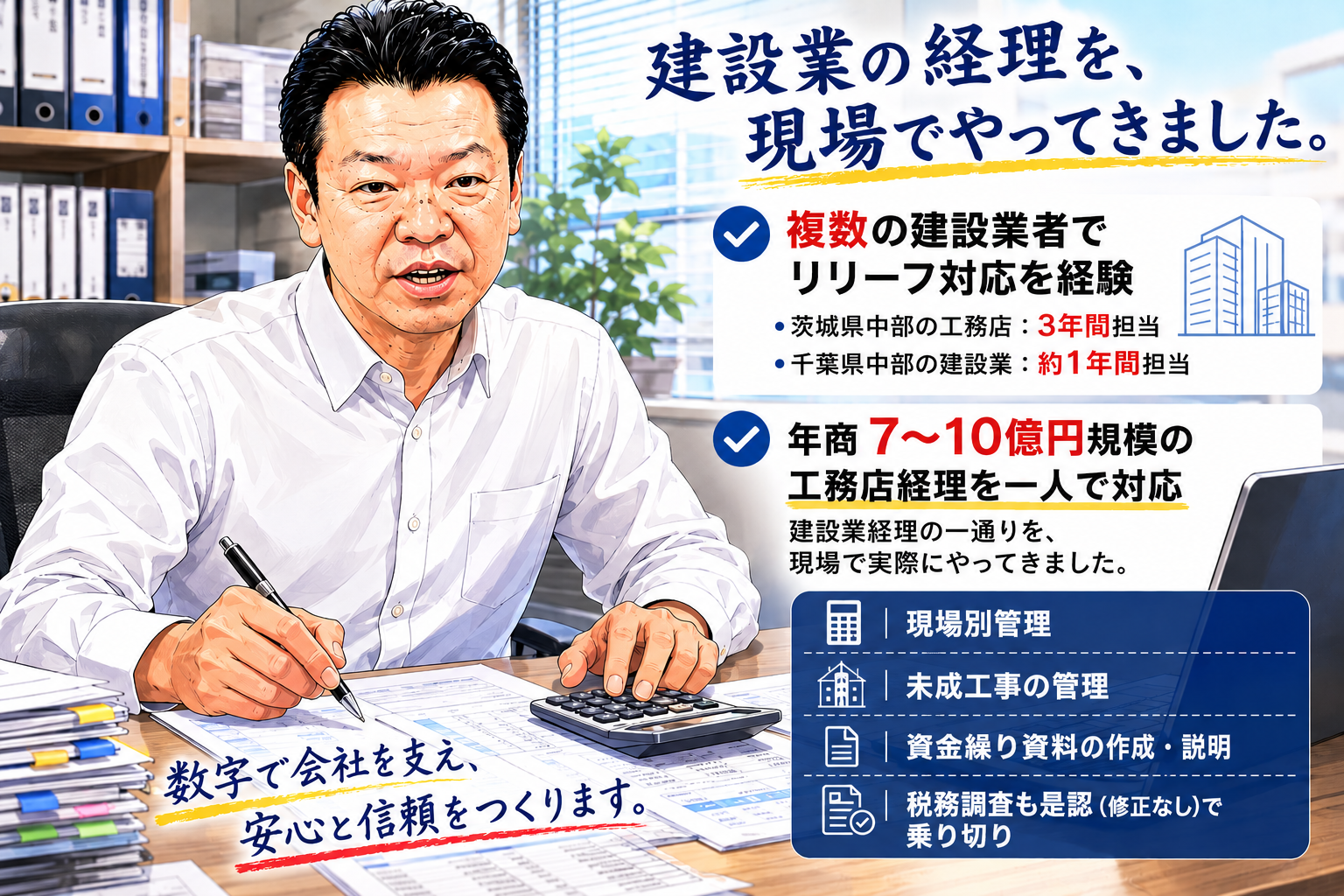 建設業経理リリーフ実績：茨城県工務店で3年・税務調査是認、千葉県建設業で1年。年商7〜10億円規模の現場別管理・未成工事・銀行対応を実際に担当。