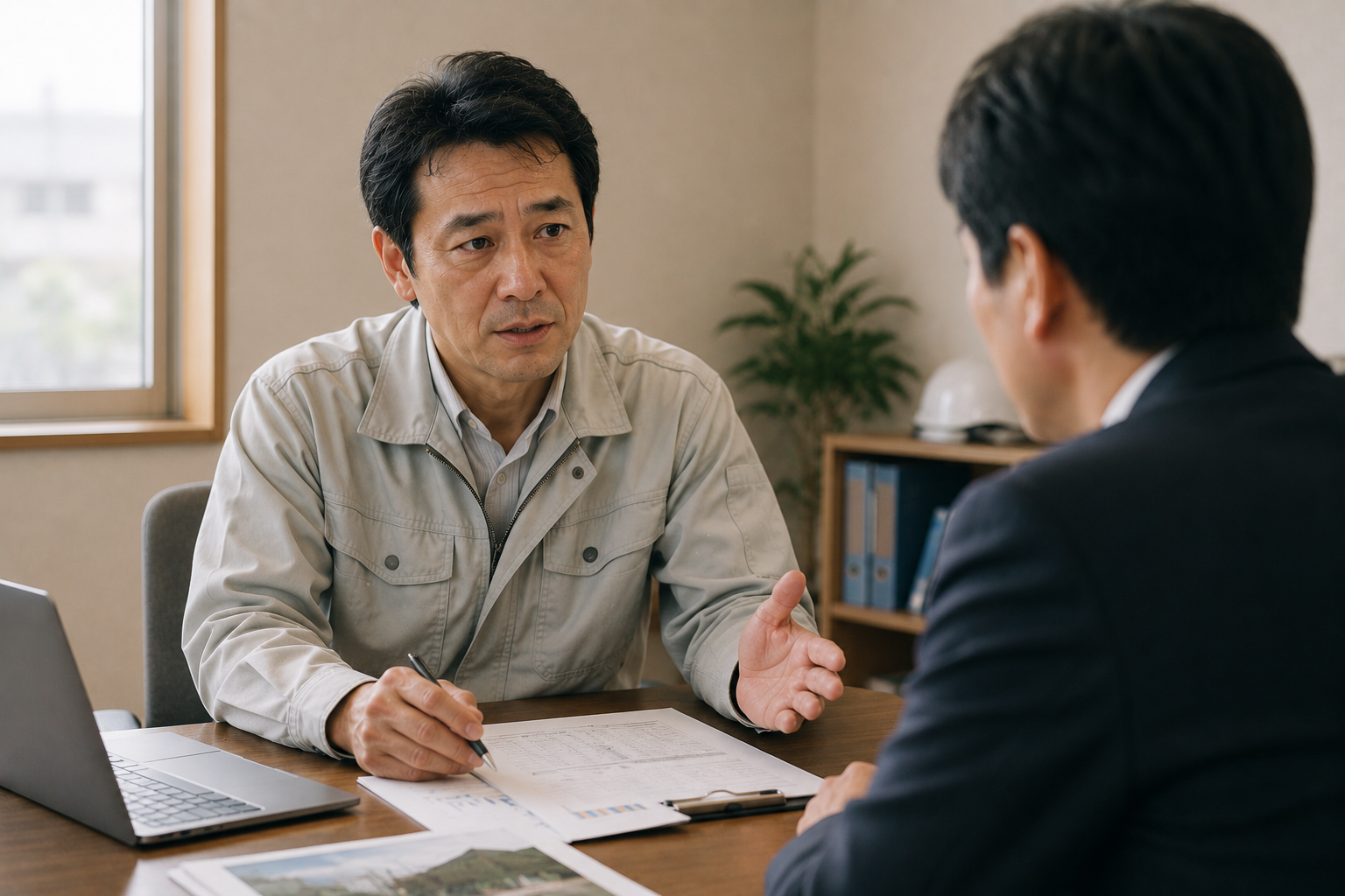 施主と落ち着いて話し合う工務店社長のイメージ