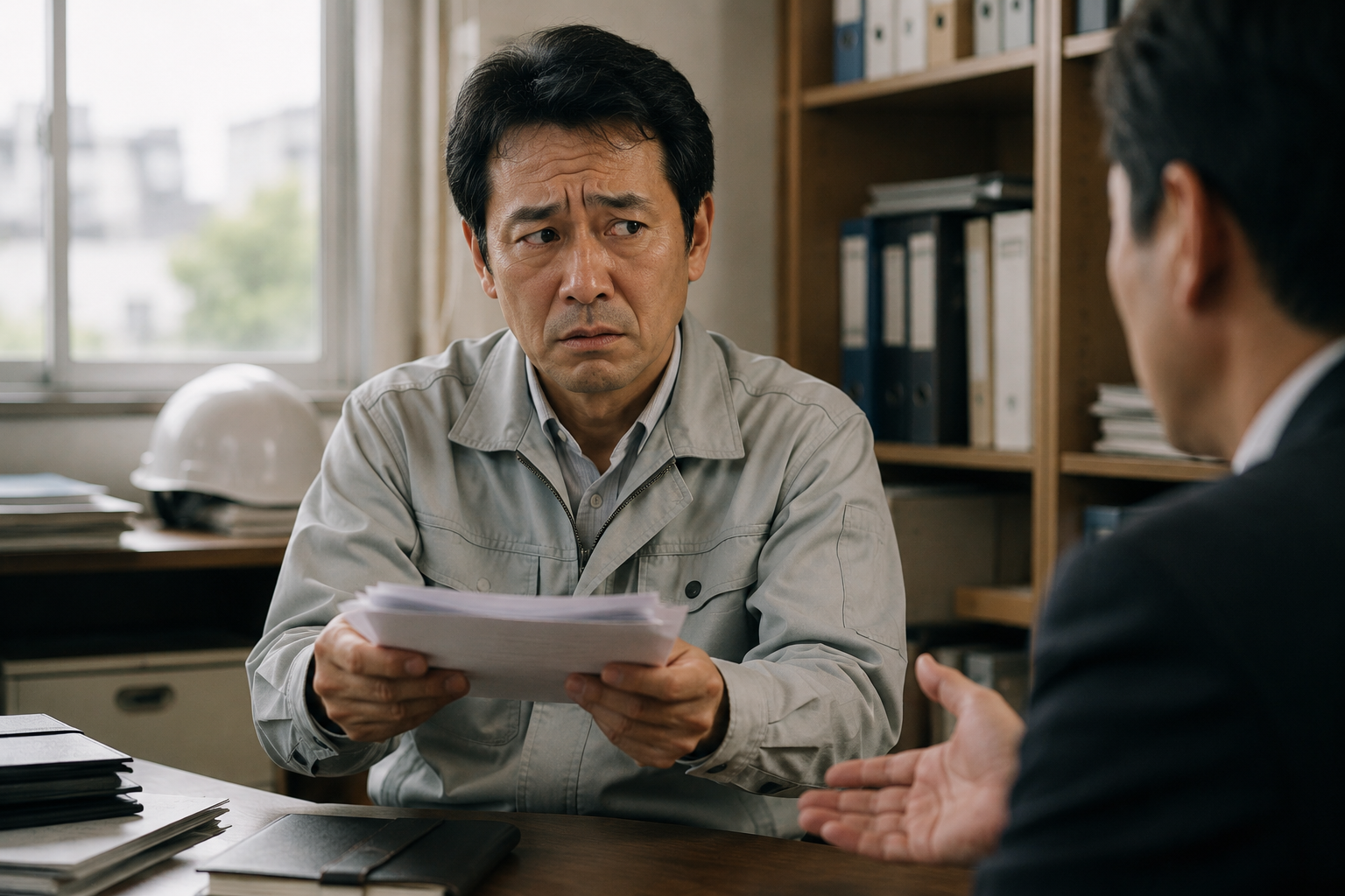 合意書を切り出せずにいる工務店社長のイメージ